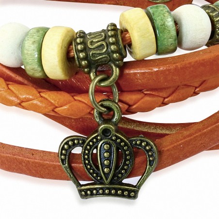 Bracelet multi-rangées en perles de bois de Bali avec breloque royale princesse Bracelet en cuir orange à pression