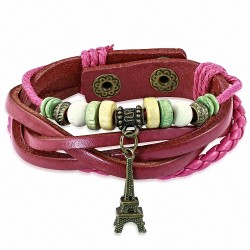 Bracelet multi-rangs avec boucle en bois de Bali avec perle en bois et tour Eiffel avec bracelet en cuir rose
