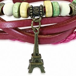 Bracelet multi-rangs avec boucle en bois de Bali avec perle en bois et tour Eiffel avec bracelet en cuir rose