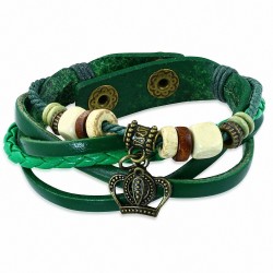 Bracelet multi-rangée en perles de bois de Bali avec perle en bois Royal Princess Bracelet à breloques en cuir vert clair
