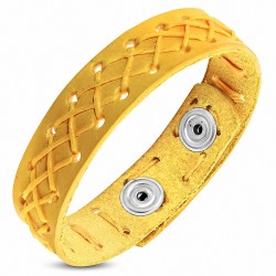 Bracelet pression en cuir jaune tressé croisé avec corde