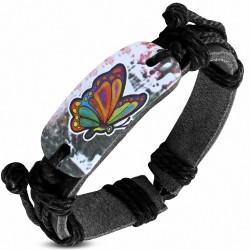 Bracelet en cuir noir réglable de style de montre papillon coloré ovale