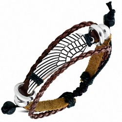 Bracelet en cuir marron ajustable à plis et ailettes avec corde tressée à triple enroulement