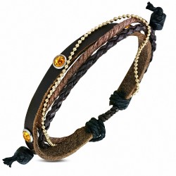 Bracelet en cuir marron ajustable avec chaîne de corde tressée à la mode triple avec topaze CZ