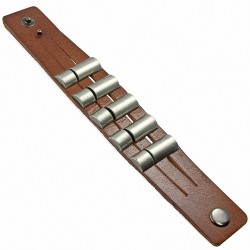 Bracelet en cuir marron véritable avec rangée de demi-cylindre et bouton pression