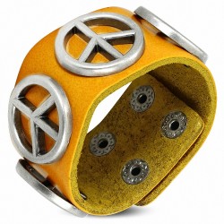 Bracelet en cuir véritable de signe de paix orange avec bouton pression