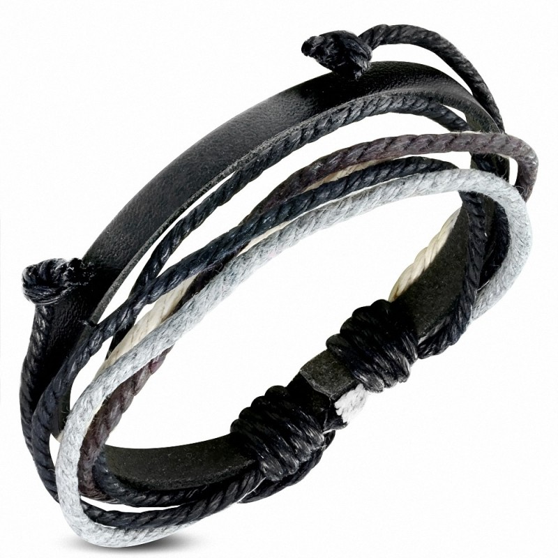 Bracelet ajustable en cuir noir avec cordelette fantaisie à la mode - FWB053