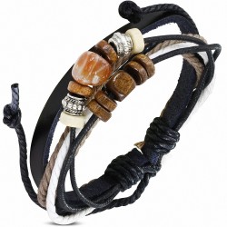 Bracelet réglable en cuir noir de Karma perles avec cordon de corde à la mode - FBK966