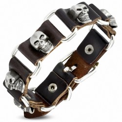 Bracelet motard en cuir marron véritable fantôme tête de mort avec boucle de ceinture