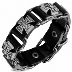 Bracelet de motard en cuir véritable noir avec étoiles de croix en croix à pattee