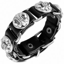 Véritable cuir noir Fleur De Lis fleur cercle clous boucle de ceinture Biker