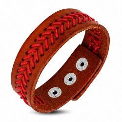 Bracelet pression en cuir marron rouge avec armure en corde rouge