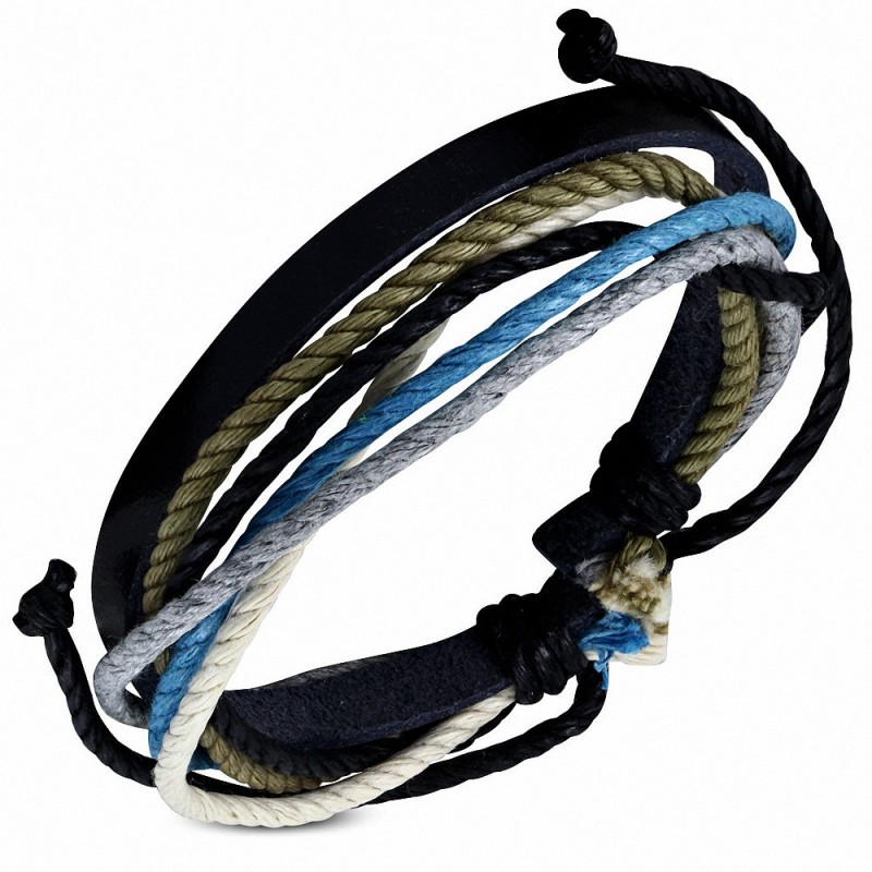 Bracelet ajustable en cuir noir avec cordon multicolore à la mode - FWB134