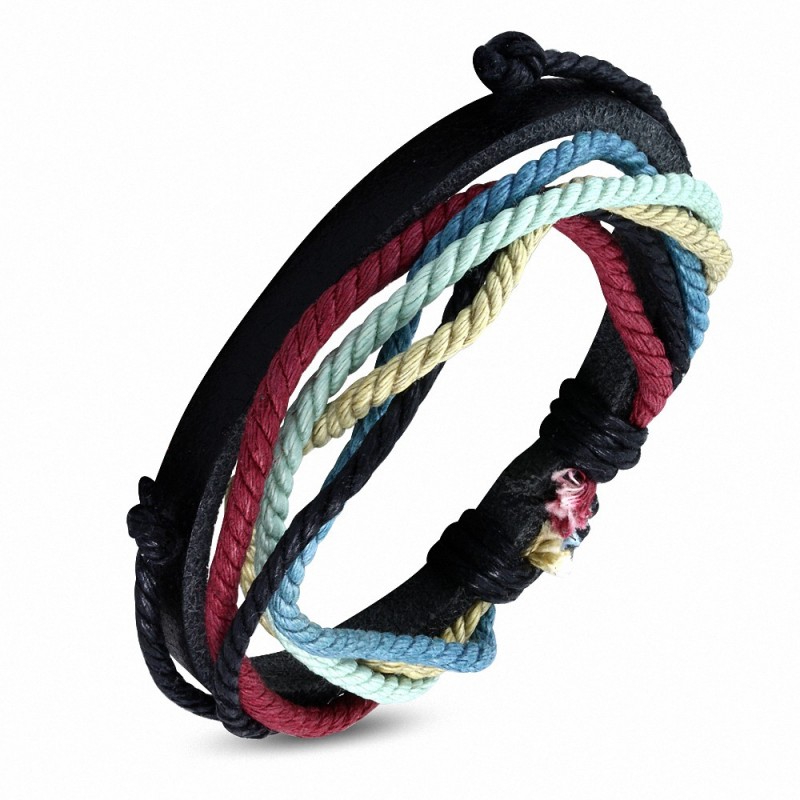 Bracelet ajustable en cuir noir avec corde multicolore à la mode - FWB137