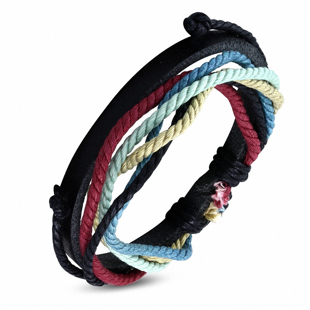 Bracelet ajustable en cuir noir avec corde multicolore à la mode - FWB137