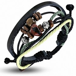 Bracelet réglable en cuir noir de Karma perles avec cordon multicolore à la mode - FWB193