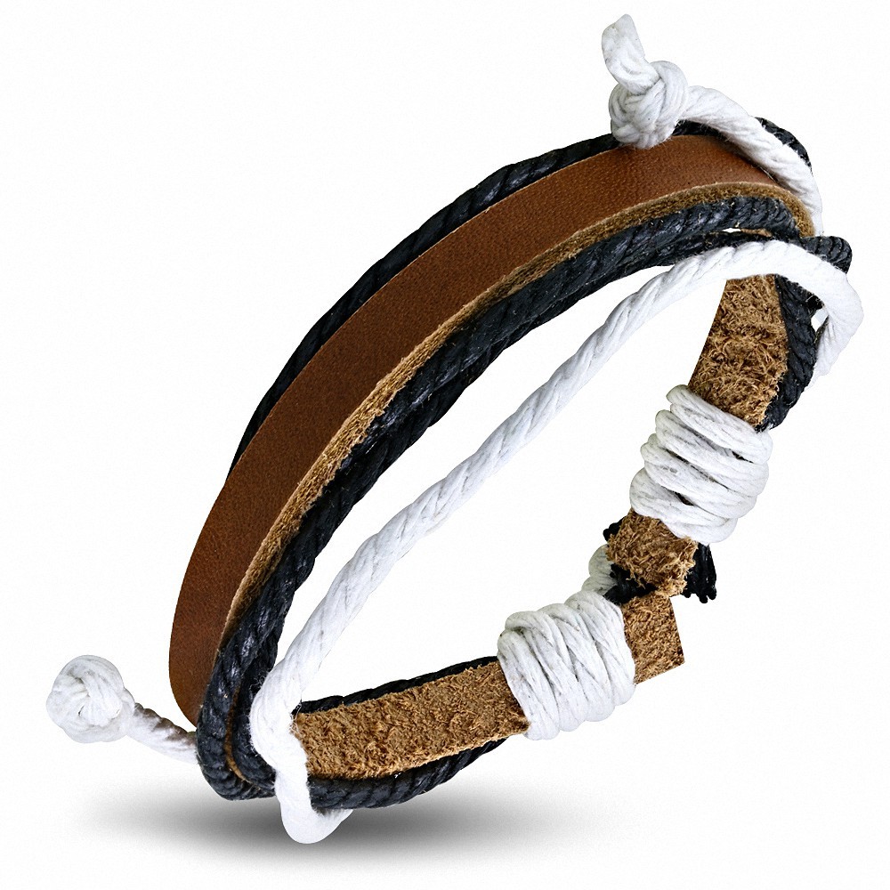 Bracelet ajustable en cuir marron avec cordon multicolore à la mode - FWB204