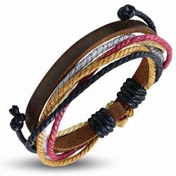 Bracelet ajustable en cuir marron avec cordon multicolore à la mode - FWB216