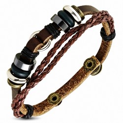 Bracelet fantaisie en cuir marron tressé à triple enveloppe de perles Bali - FWB229