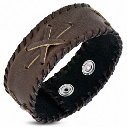 Bracelet en cuir véritable marron avec agrafe tissée croisée - BTH091