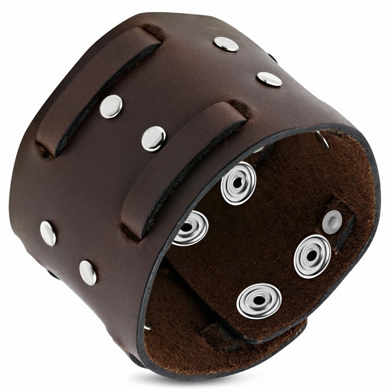 Bracelet en cuir véritable marron avec armure ronde et bouton pression - BTH092