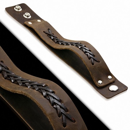 Bracelet en cuir marron véritable à double passepoil entrelacé à armatures croisées