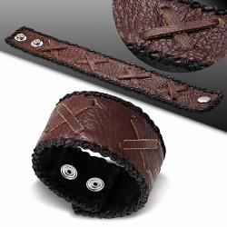 Bracelet cuir véritable en cuir marron entrecroisé avec cordon et armure en corde noire