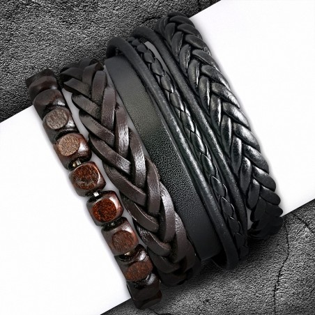 Ensemble de bracelets | Bracelets en cuir réglables de bracelet de mode de perles de mode en bois extensibles tressés