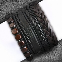 Ensemble de bracelets | Bracelets en cuir réglables de bracelet de mode de perles de mode en bois extensibles