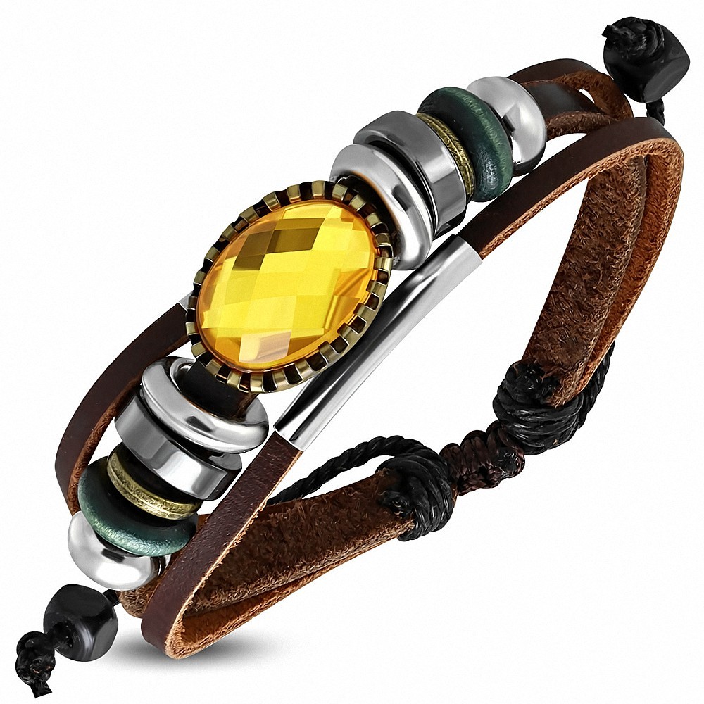 Bracelet en cuir marron réglable en forme de perle avec triple cordon de forme ovale et topaze CZ