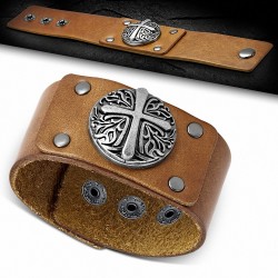 Bracelet en cuir véritable brun clair en cuir de vigne spiral croix croix ronde bouton