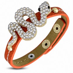 Bracelet pression de style de montre de serpent en spirale en cuir PU orange avec Clear & Jet Black CZ
