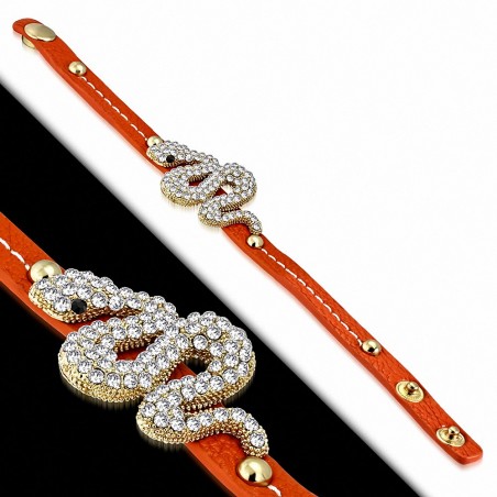 Bracelet pression de style de montre de serpent en spirale en cuir PU orange avec Clear & Jet Black CZ