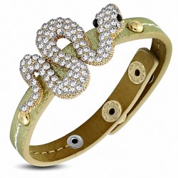 Bracelet à pression de style serpent en spirale en forme de montre en cuir PU or jaune avec Clear & Jet Black CZ