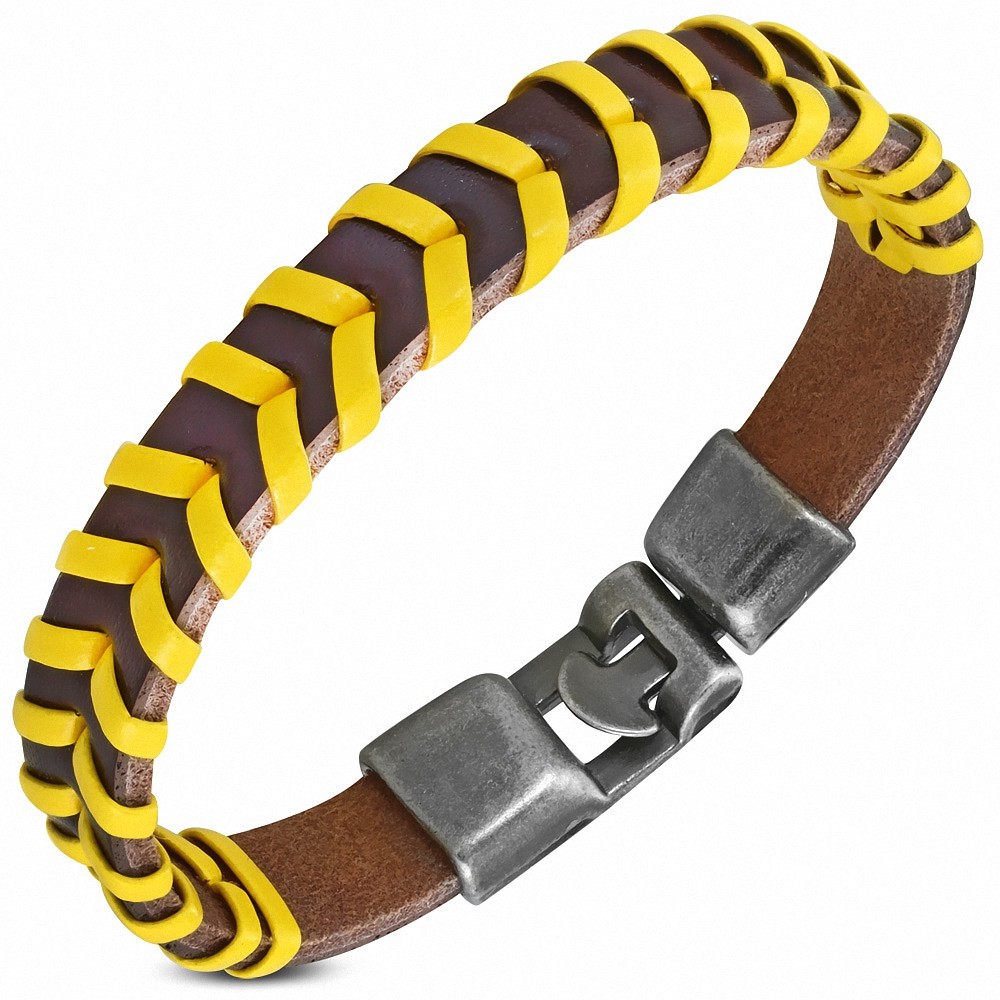 Bracelet à bascule à armure en cuir PU marron et jaune