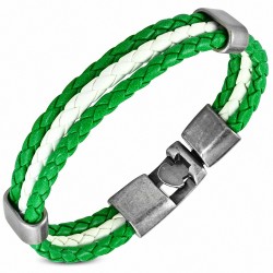 Bracelet fantaisie à trois rangées en cuir PU tressé vert et blanc