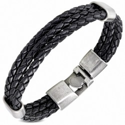 Bracelet fantaisie en cuir PU tressé noir à 3 rangs