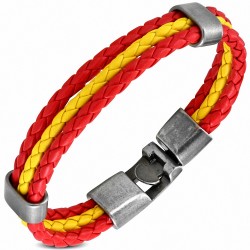 Bracelet fantaisie à trois rangées en cuir PU tressé rouge et jaune