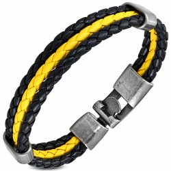 Bracelet fantaisie à trois rangées en cuir PU tressé noir et jaune