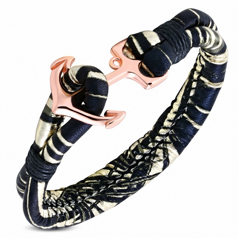 Bracelet en alliage de mode et en cuir PU plaqué en or rose plaqué de couleur marine - FBX062