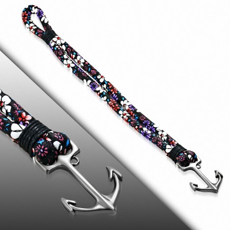 Bracelet en alliage de mode et fleurs colorées en cuir PU avec ancre marine - FBX031
