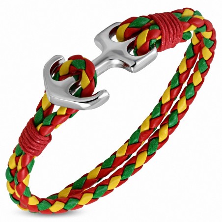 Bracelet en alliage de mode et tricolore tissé / tressé en cuir avec ancre marine - FBX014