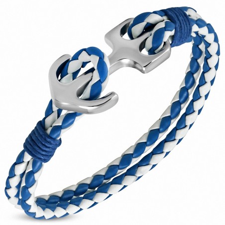 Bracelet en alliage de mode bleu et blanc tissé / tressé en cuir avec ancre marine - FBX015