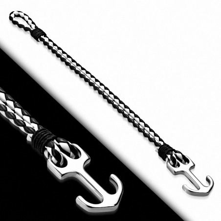 Bracelet en alliage de mode noir et blanc tissé / tressé en cuir avec ancre marine - FBX016