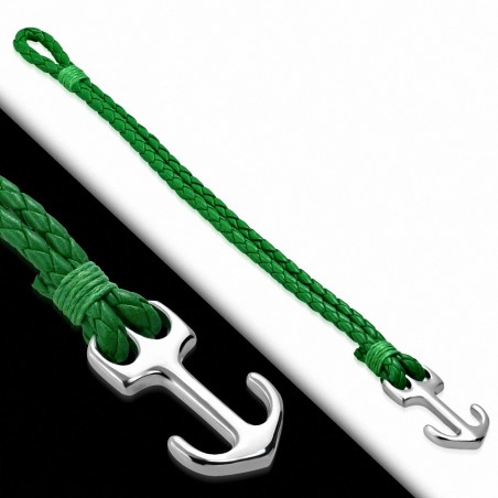 Bracelet alliage de mode et vert tissé / tressé en cuir PU avec ancre marine - FBX021