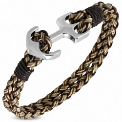 Bracelet en alliage de mode et en cuir marron clair tissé / tressé en cuir avec ancre marine - FBX026