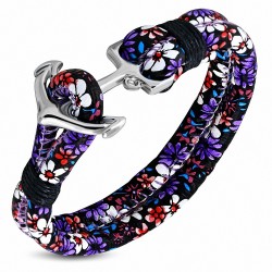 Bracelet en alliage de mode et fleurs colorées en cuir PU avec ancre marine - FBX098