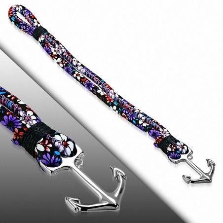 Bracelet en alliage de mode et fleurs colorées en cuir PU avec ancre marine - FBX098