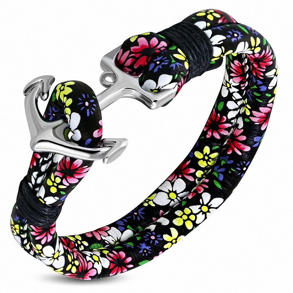 Bracelet alliage de mode et fleurs colorées en cuir PU avec ancre marine - FBX099