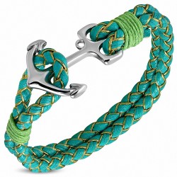 Bracelet alliage de mode et vert tissé / tressé en cuir PU avec ancre marine - FBX119